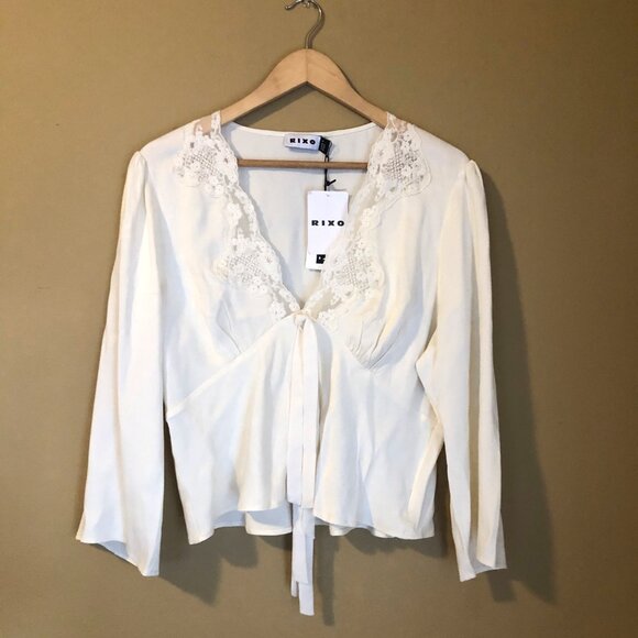 NWT Rixo cream lace satin Rochelle tie front blouse - Picture 5 of 7